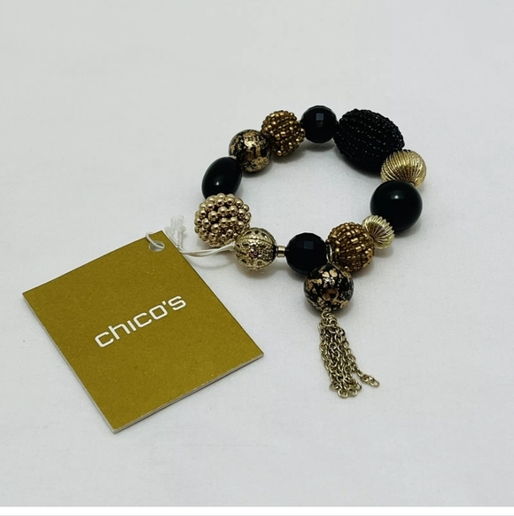 NWT Chico's Black and Gold Beaded Statement Bracelet With Tassle Holiday Wishes - Picture 3 of 6